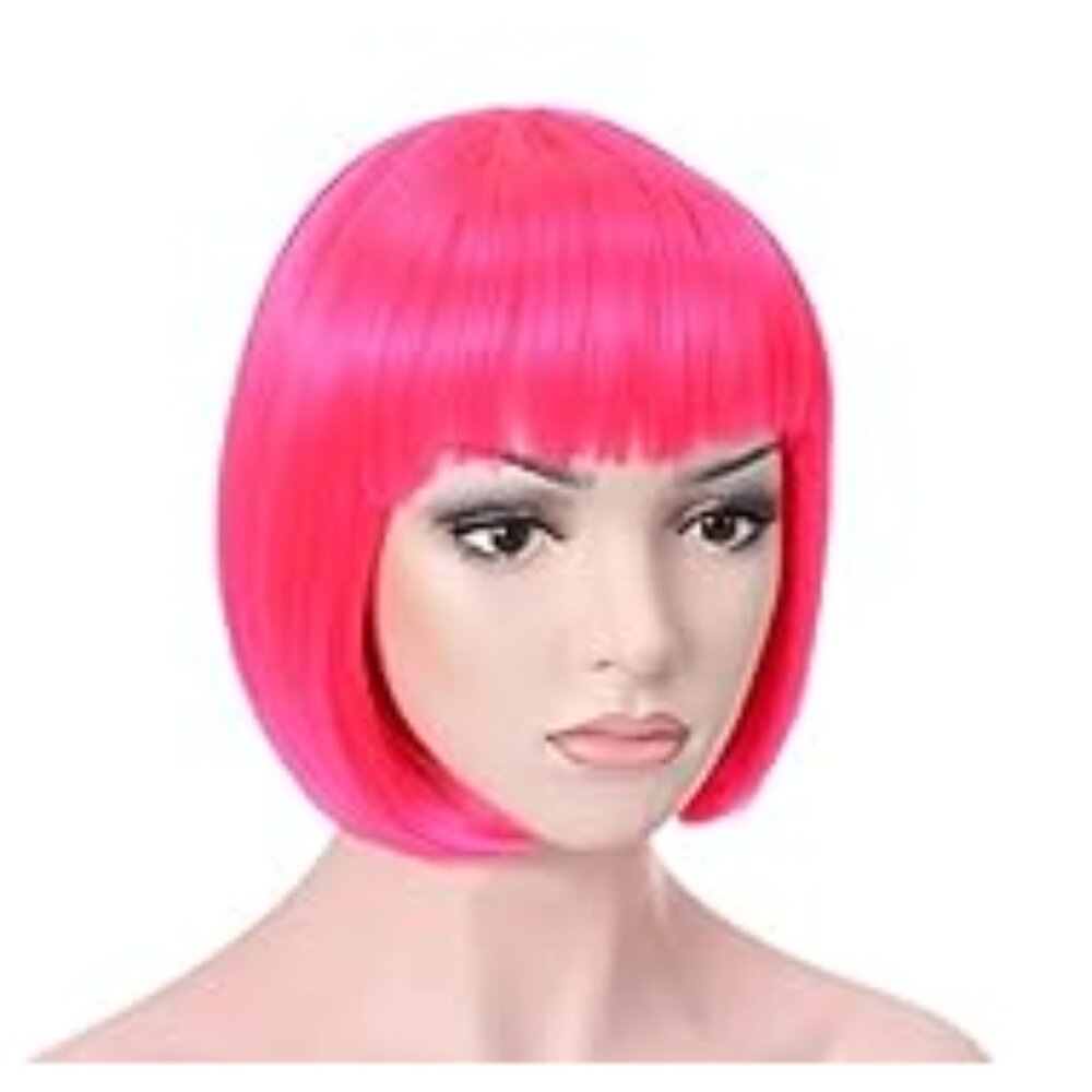 Onedor 10" Short Straight Hair Flapper Cosplay Costume Bob Wig hot pink